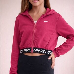 Nike Pro Pink Cropped Zip-Up Hoodie Girls Large | Banded Hem Athletic Jacket